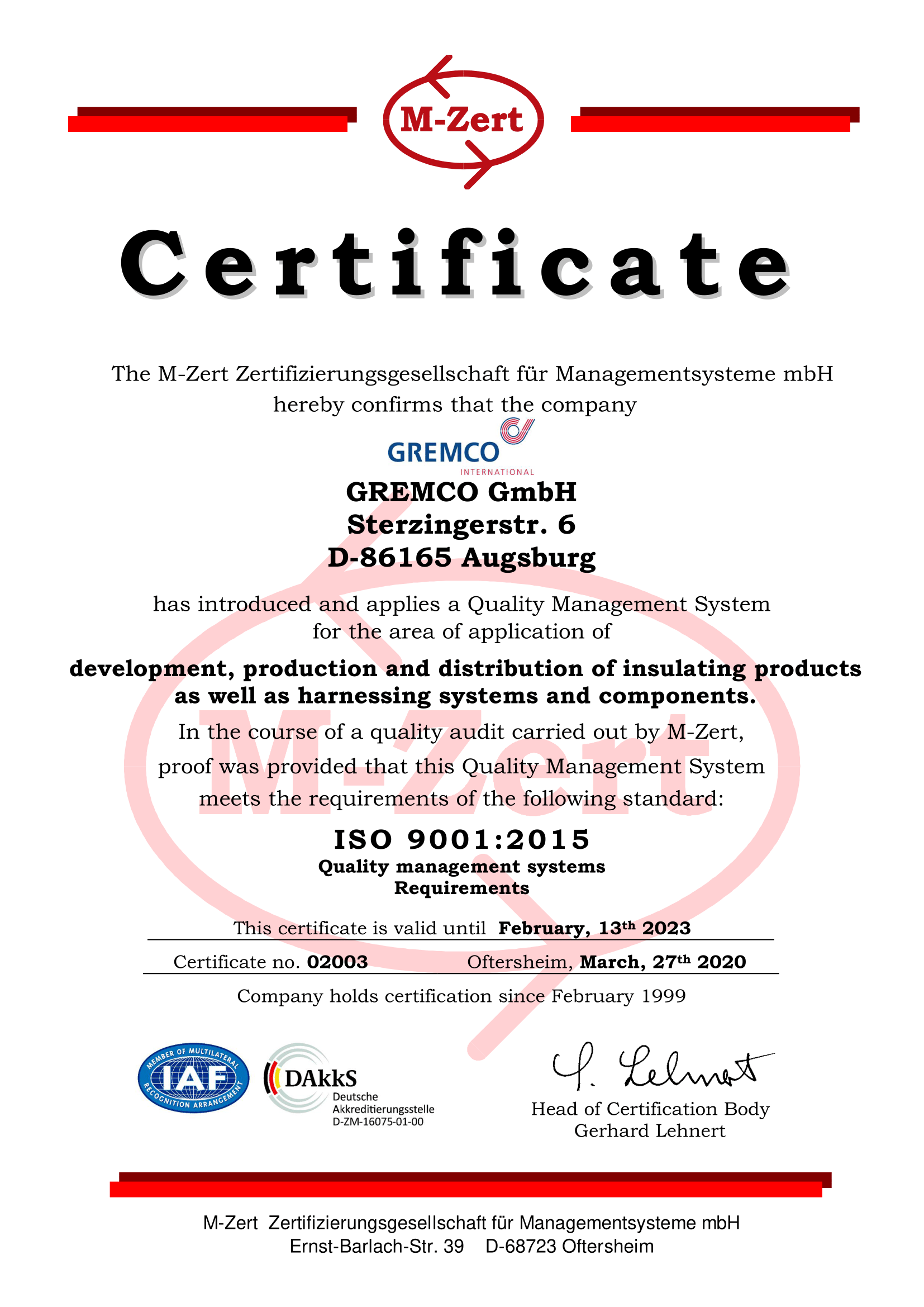 GREMCO GmbH Certificate for quality management of cabling systems and insulation products according to DIN EN ISO 9001:2015